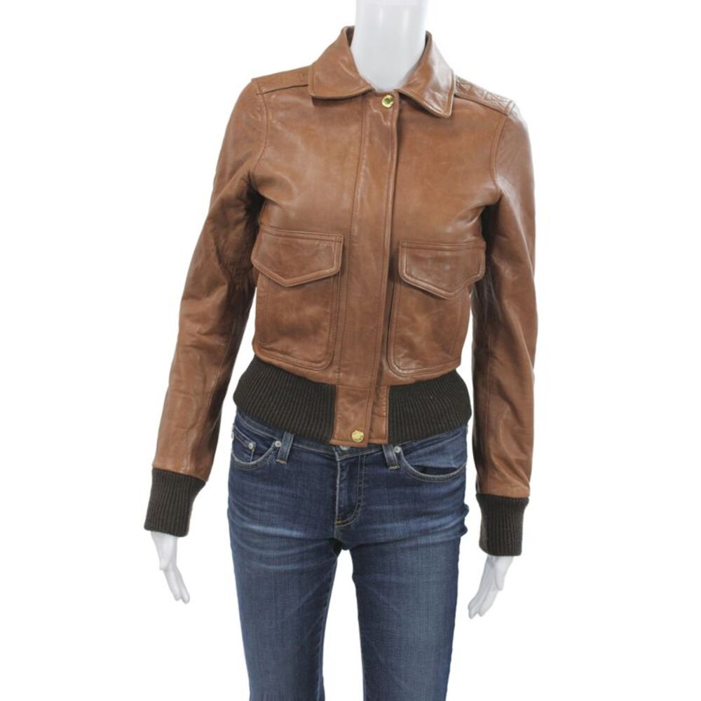 Michael Michael Kors Women Brown Lamb Leather Military Bomber Jacket Size XS